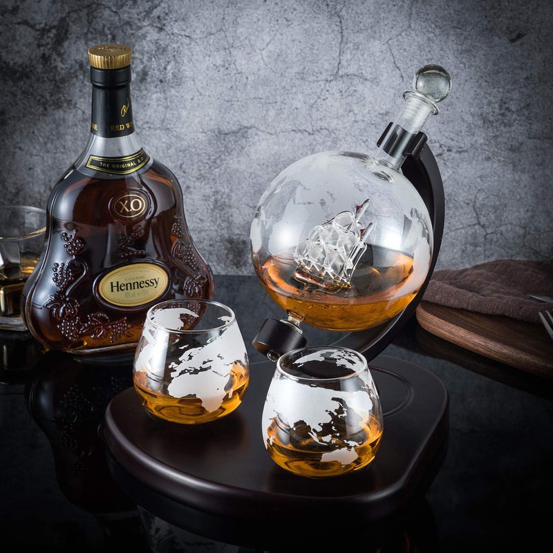 SHIGOO Whiskey Decanter Set,Globe Decanter,Whiskey Gifts for Men Husband Him Boyfriend Dad Women,with 2 Glasses,Beads,4 Ice Cubes,Tong & Funnel,Beverage Drink Dispenser,for Whisky,Liquor,Wine,Brandy,Cognac - Image 5